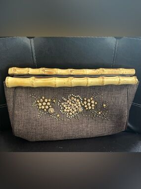 Embellished Brown Bamboo-Handle Clutch